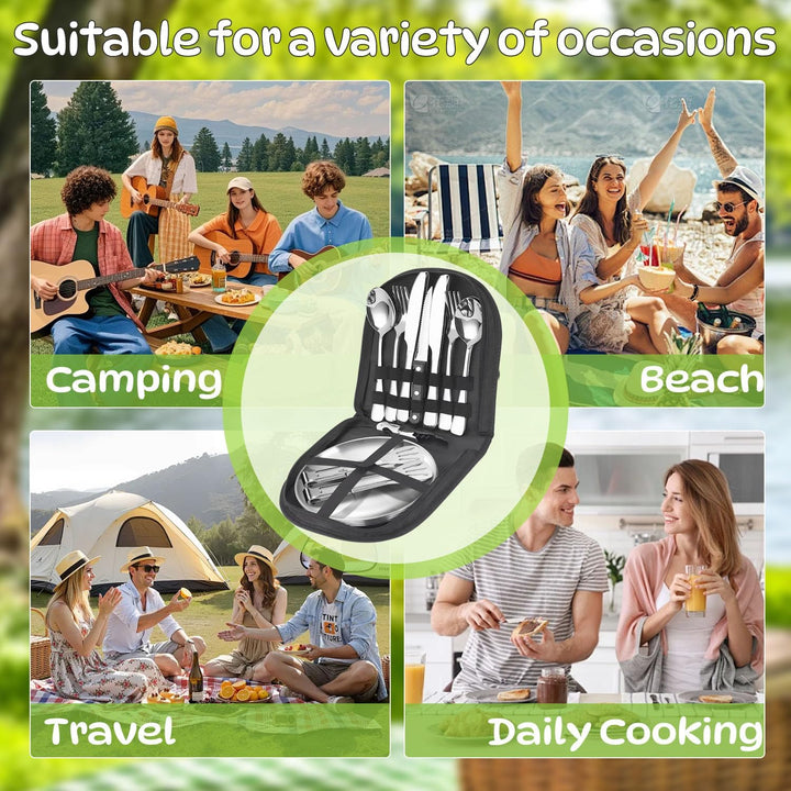 Camping Geschirr Set, Camping Besteck Edelstahl Inklusive Bestecktasche Edelstahl-Gabeln, Messer und
