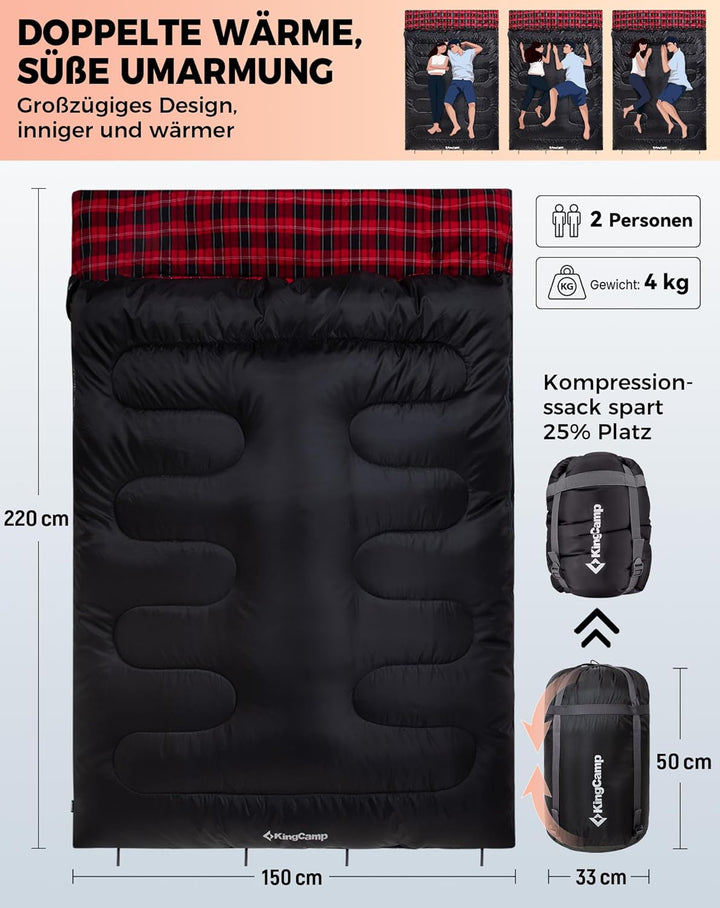 KingCamp Doppelschlafsack Baumwolle Flanell Winter Schlafsack 2 Personen Warmer Deckenschlafsack 3-4
