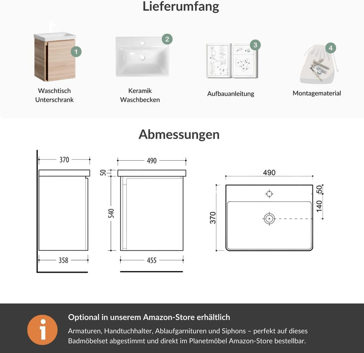 Planetmöbel Waschtisch mit Unterschrank 50 cm, Waschbeckenunterschrank hängend, Soft-Close, Badmöbel
