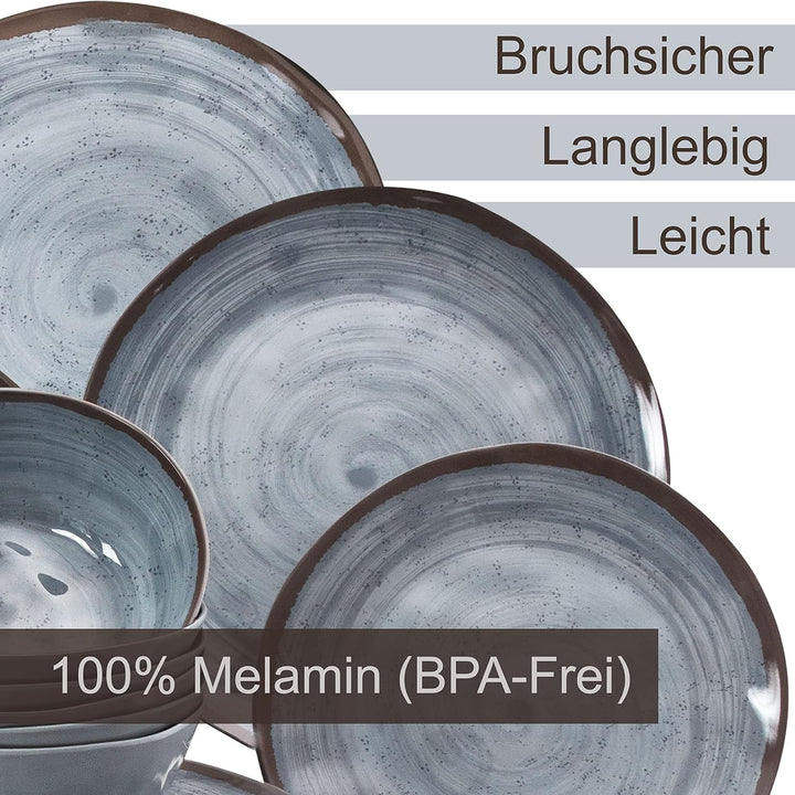 Melamin Geschirr Set Grau mit Edelstahl Thermo Tassen doppelwandig - Tonoptik Essgeschirr - Campingg
