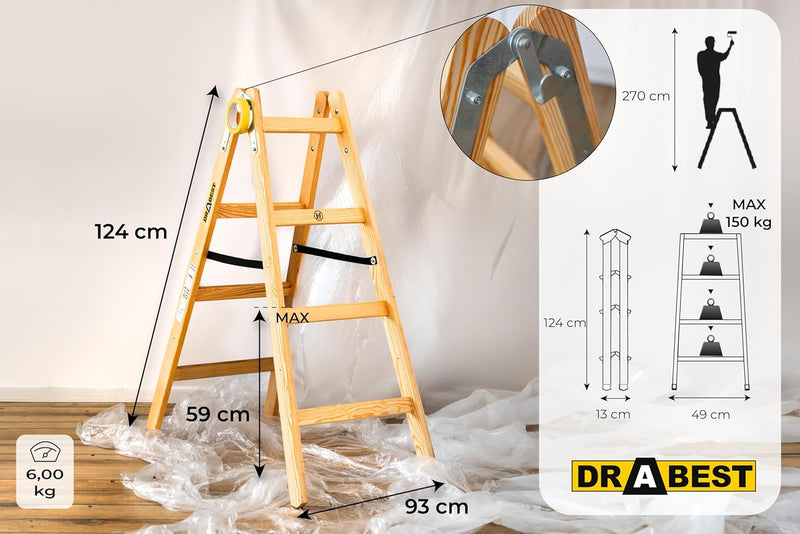 DRABEST - Holzleiter - für Malerarbeiten - 2X 4 Sprossen - m lang - bis 150 kg - Arbeitshöhe 1,24m 2