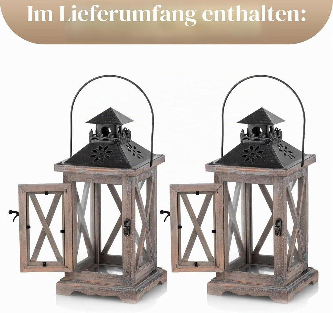 Sziqiqi Vintage Laterne Holz für Draussen &amp; Innen, 2er-Set, 28cm, Antikbraun | Holzlaterne im Rustik
