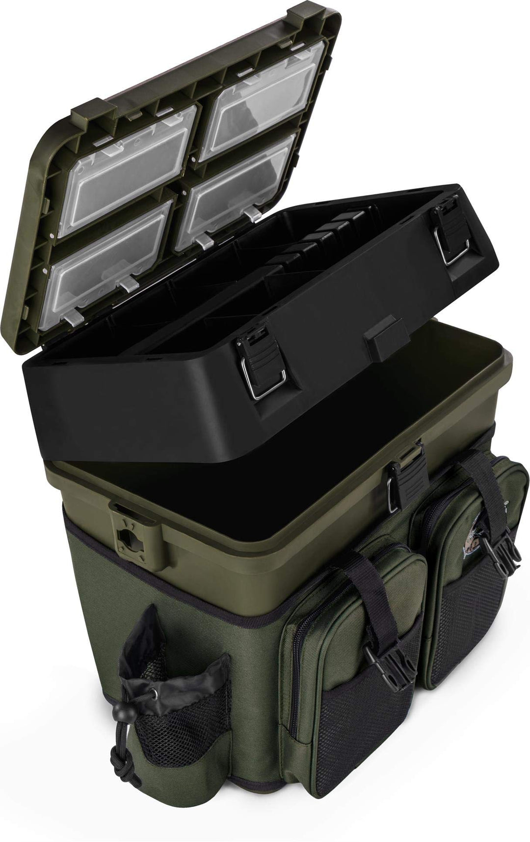 Sitzkiepe Angelobox Angel-Sitzbox Angelrucksack Angeltasche Angelkoffer Angler-Gerätekasten mit 4 Ta