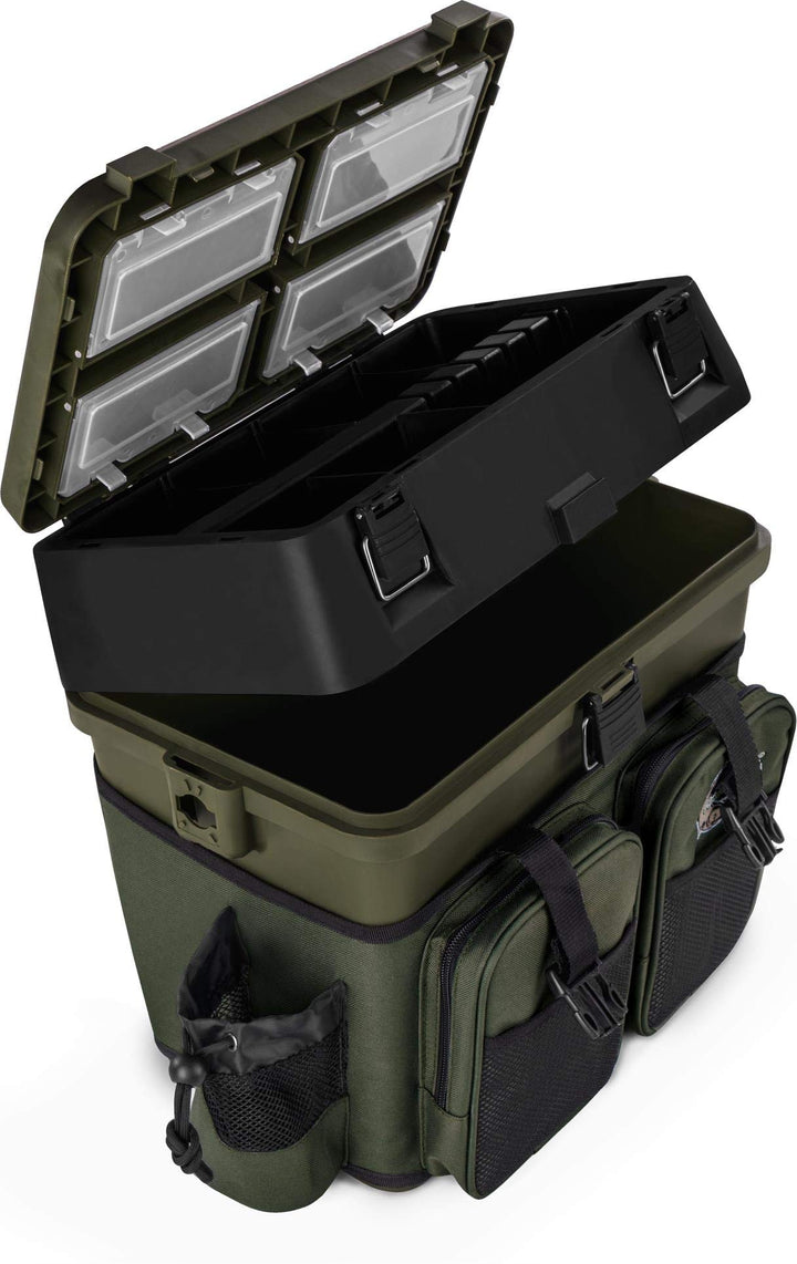 Sitzkiepe Angelobox Angel-Sitzbox Angelrucksack Angeltasche Angelkoffer Angler-Gerätekasten mit 4 Ta