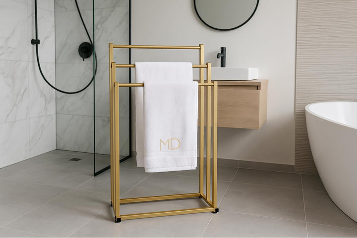 ZOLTA Handtuchständer Gold Metall freistehend 3 Arme 86 cm stabil Handtuchhalter modern Loft Design