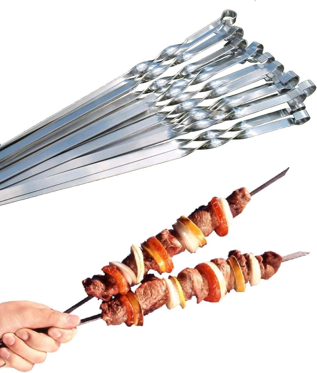Profi BBQ Edelstahl Grillspiesse, Extra Breit: 1 cm und Extra Stark 2 mm Dicke (10 St, 50cm) Fleisch