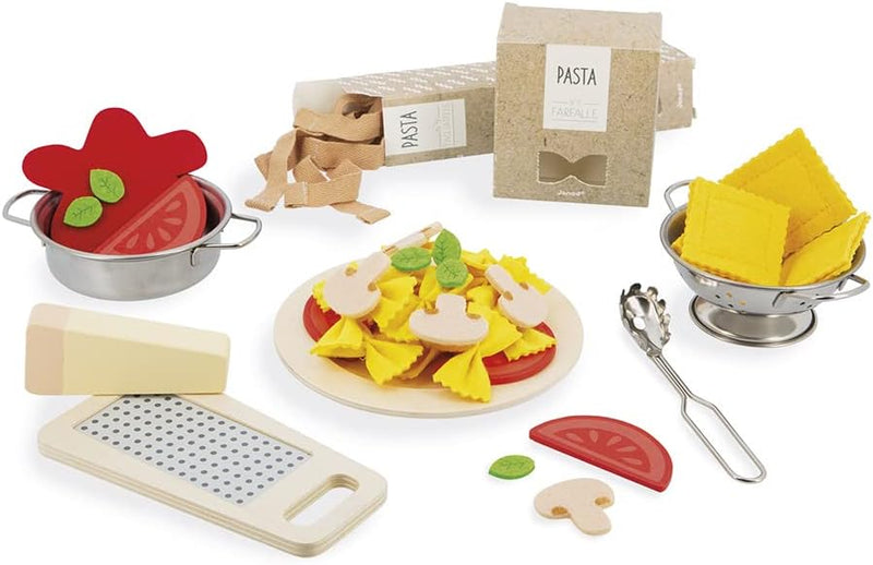 Janod - Pasta-Mix - Nudel-Set- Rollenspielzeug Küche und Essgeschirr - 58 Elemente aus Holz, Pappe u