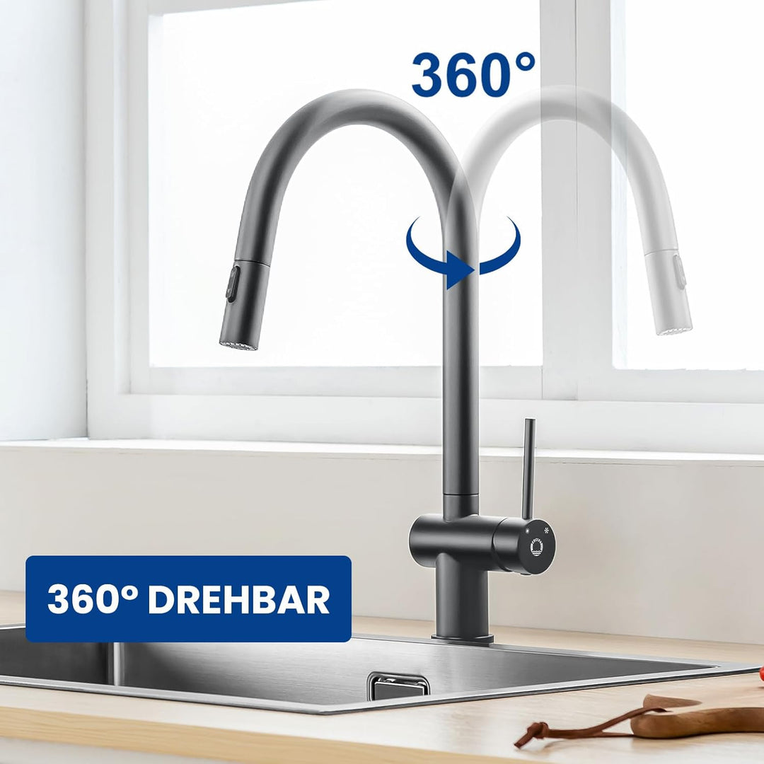 CECIPA Küchenarmatur Schwarz Ausziehbar, Wasserhahn Küche 2 Strahlarten, Spültischarmatur Hochdruck