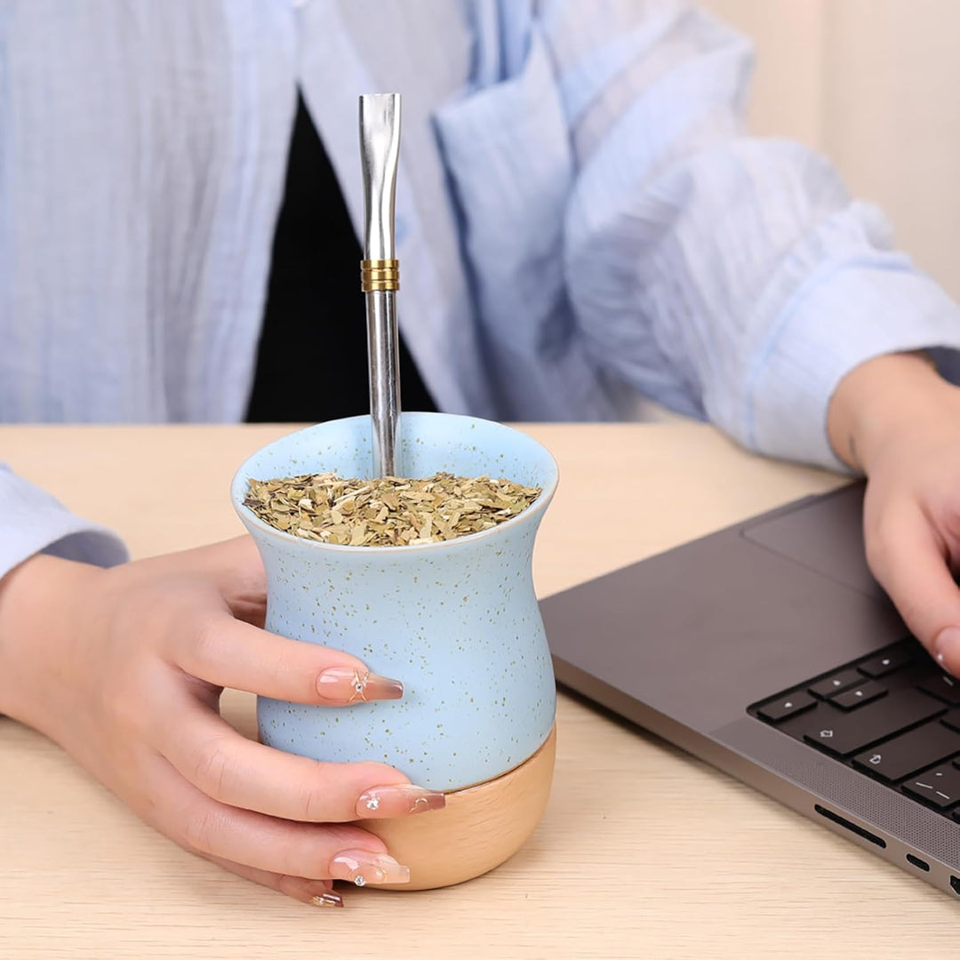 Yerba Mate Keramiktasse mit originalem Holzsockel, 237 ml, inklusive Mate-Kürbis, Bombilla-Strohhalm