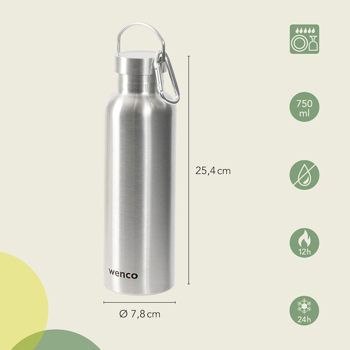 wenco Trinkflasche Edelstahl 0,75l / 750ml isoliert und auslaufsicher für kalte und heisse Getränke