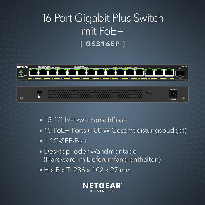 NETGEAR GS316EP Switch 16 Port Gigabit Ethernet LAN PoE Switch Plus (mit 15x PoE+ 180W & 1x SFP, Man