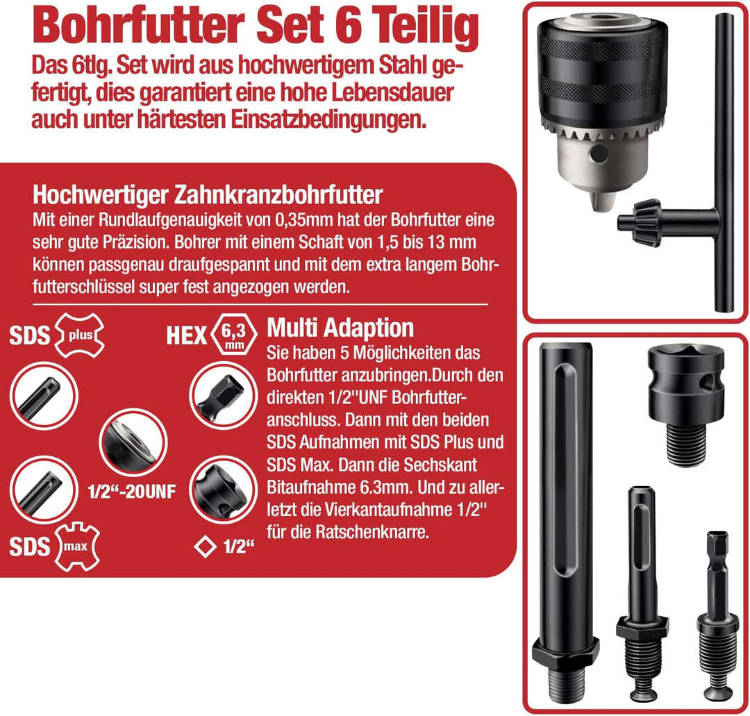 SCHWABENBACH ® Bohrfutter Komplett Set 6tlg mit 4 Adapter - Premium Set mit Bohrfutterschlüssel 110m
