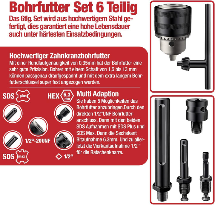 SCHWABENBACH ® Bohrfutter Komplett Set 6tlg mit 4 Adapter - Premium Set mit Bohrfutterschlüssel 110m