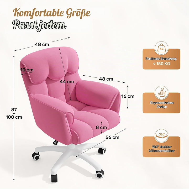 Ergonomischer Bürostuhl, Höhenverstellbarer Schreibtischstuhl mit Armlehnen, 360° Drehfunktion, Samt