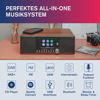 Albrecht DR 895 CD Kompaktanlage, DAB+/UKW/Internet/CD, 27896, Walnuss, mit 4" Farbdisplay, Stereo M