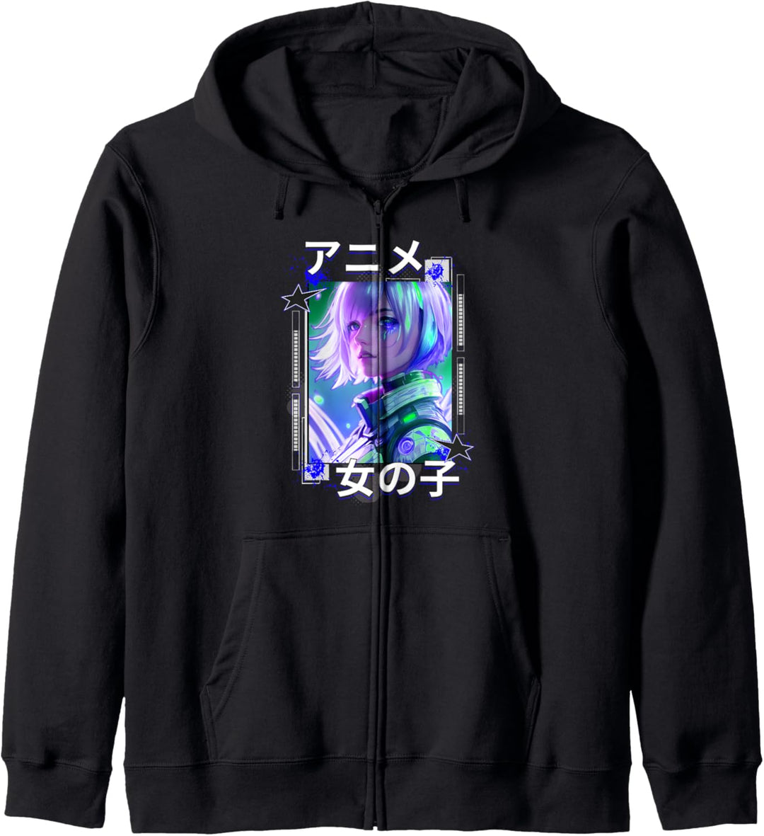 Anime Girl Japanische Schrift Sci-Fi Cyber-Punk Stil Grafik Kapuzenjacke