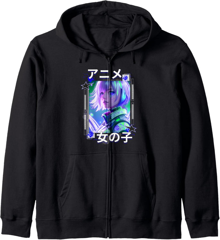 Anime Girl Japanische Schrift Sci-Fi Cyber-Punk Stil Grafik Kapuzenjacke