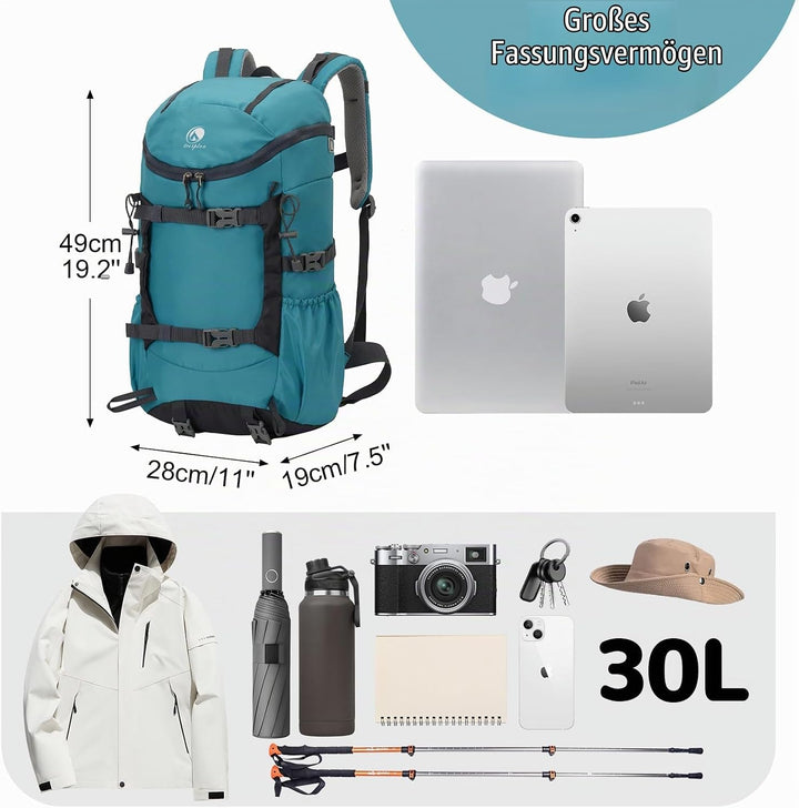 30L Leicht Wanderrucksack Herren Damen, Multifunktional Reiserucksack mit Skateboard Gurte, Tagesruc