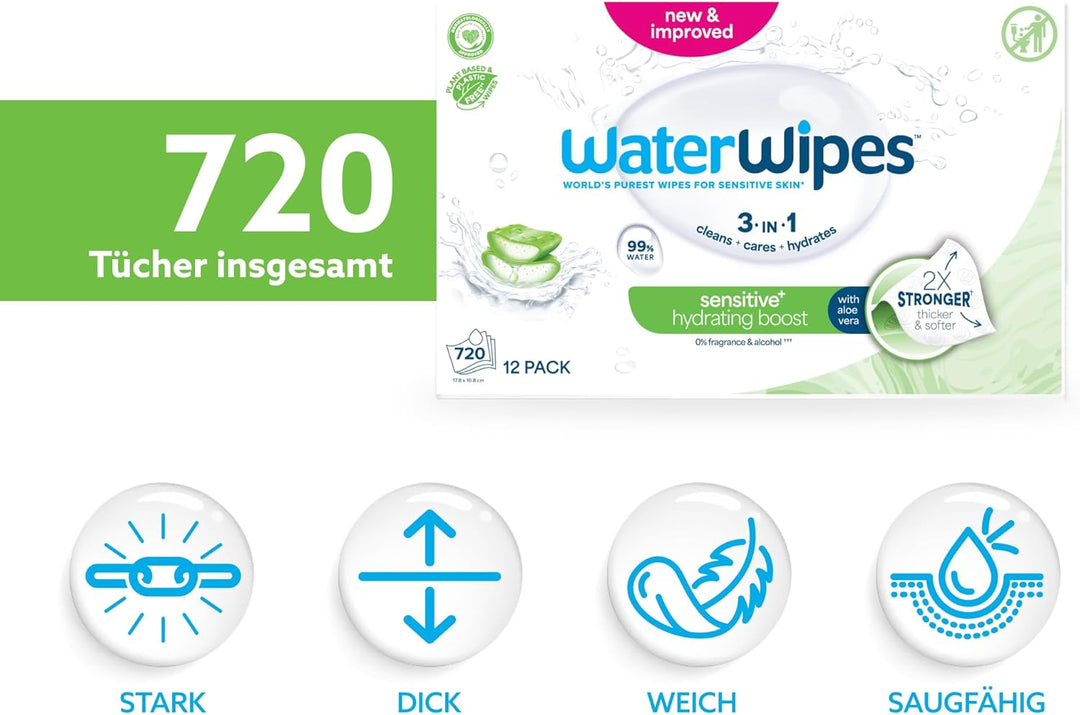 WaterWipes Sensitive+ Hydrating Boost Wipes, Feuchtigkeitsspendende Tücher, 720 Stück (12 Packungen)