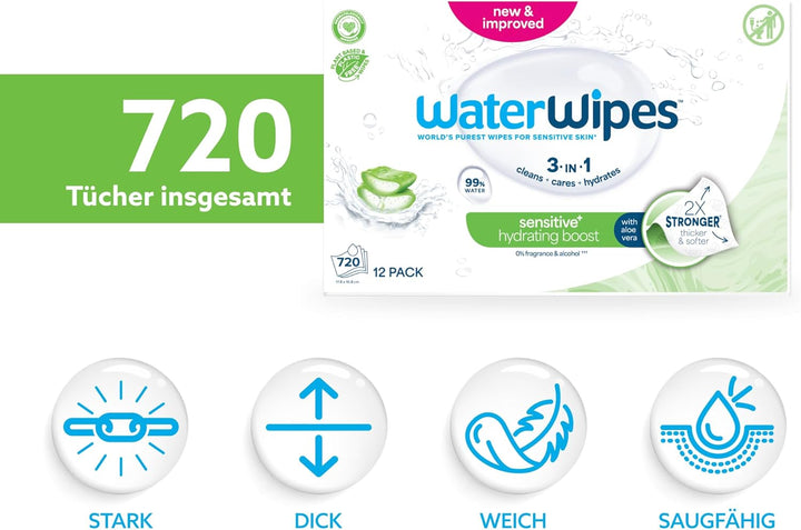WaterWipes Sensitive+ Hydrating Boost Wipes, Feuchtigkeitsspendende Tücher, 720 Stück (12 Packungen)