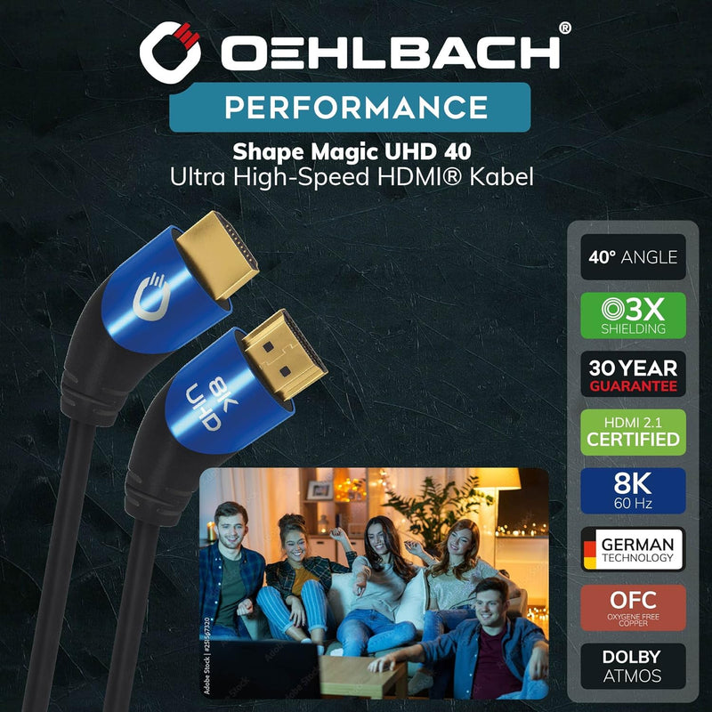 Oehlbach Shape Magic 40-8K Ultra High Speed 2.1 HDMI-Kabel - Zertifiziert 48 Gbps (40 Grad Winkelste