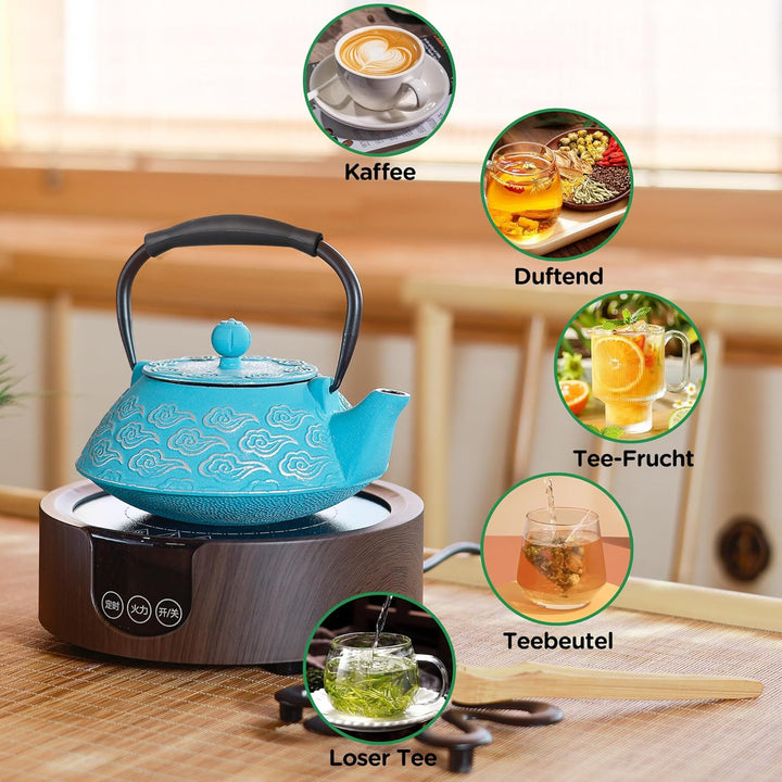 Teekanne aus Gusseisen, japanische Teekanne mit Teesieb für lose Blätter, 800 ml, Teekessel, Herdpla