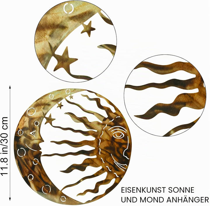 MrMrKura Sonne Metall Wandkunst Outdoor Indoor Rustikale Retro Sonne Mond Sterne Wandbehang Dekor fü