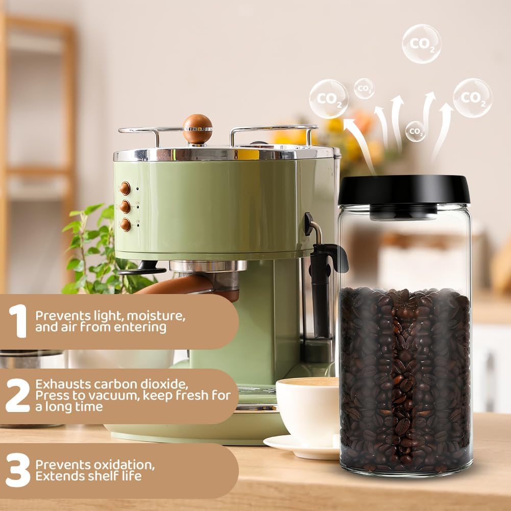 Kaffeedose Luftdicht Glas, 1.8L Kaffeebhnen Behälter, Vorratsdose mit Vakuumdeckel und Aromaverschlu