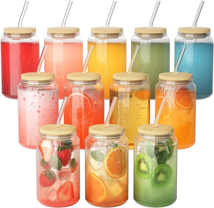 FINEW 12 Stück Gläser mit Deckel und Strohhalm, 16oz/450ml Eiskaffee Gläser, Cocktailgläser, Iced Co