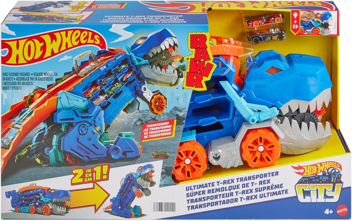 Hot Wheels 2:1 Transporter zu T-Rex mit inkl. Autorennbahn, mit Beleuchtung und Geräuschen, inkl. 2
