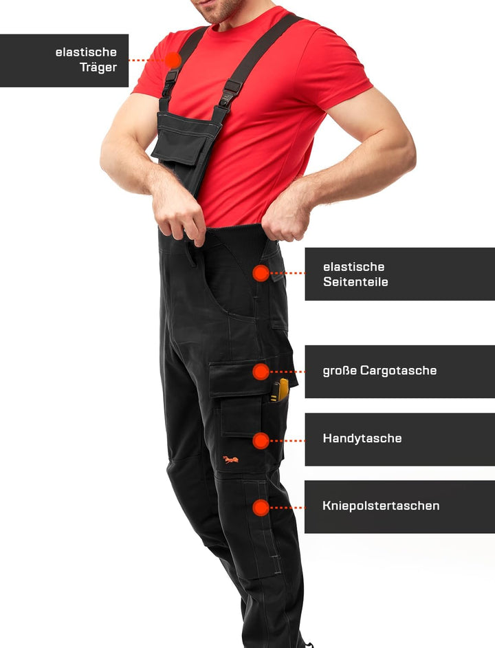 strongAnt Latzhose Herren Stretch Arbeitshose Arbeitslatzhose mit Kniepolstertaschen Schwarz Grau We