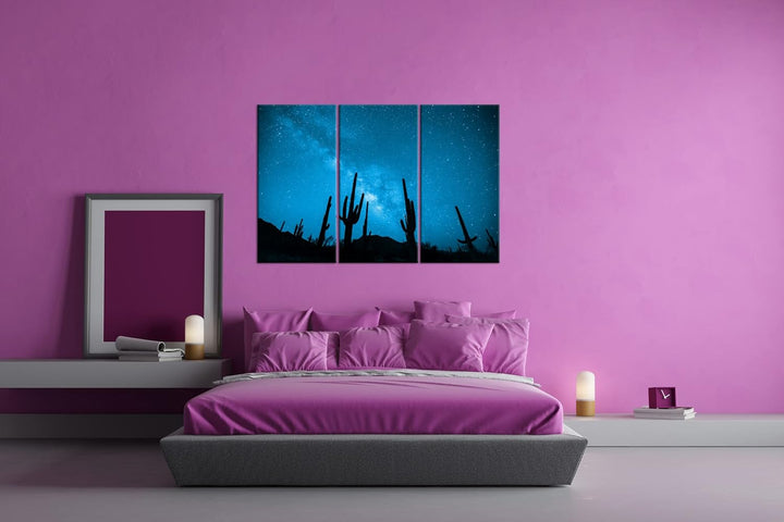 atemberaubender Sternenhimmel in der Wüste Effekt: Zeichnung Format: 3-teilig 120x80, Motiv fertig g