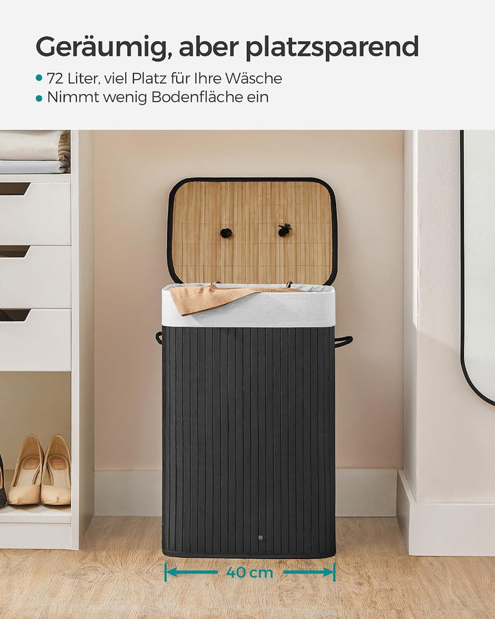 SONGMICS Wäschekorb mit Deckel, 72 Liter, Wäschesammler aus Bambus, faltbar, Wäschesack herausnehmba