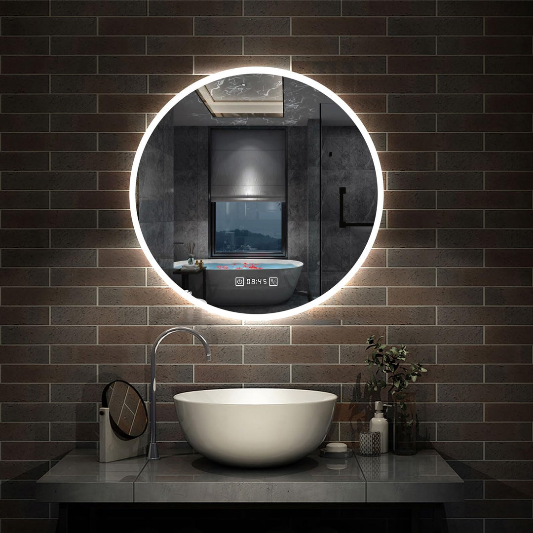 Aica Sanitär Badezimmerspiegel Rund 60cm mit Uhr 3 Lichfarbe dimmbar Memory Wand/Touchschalter Anti-