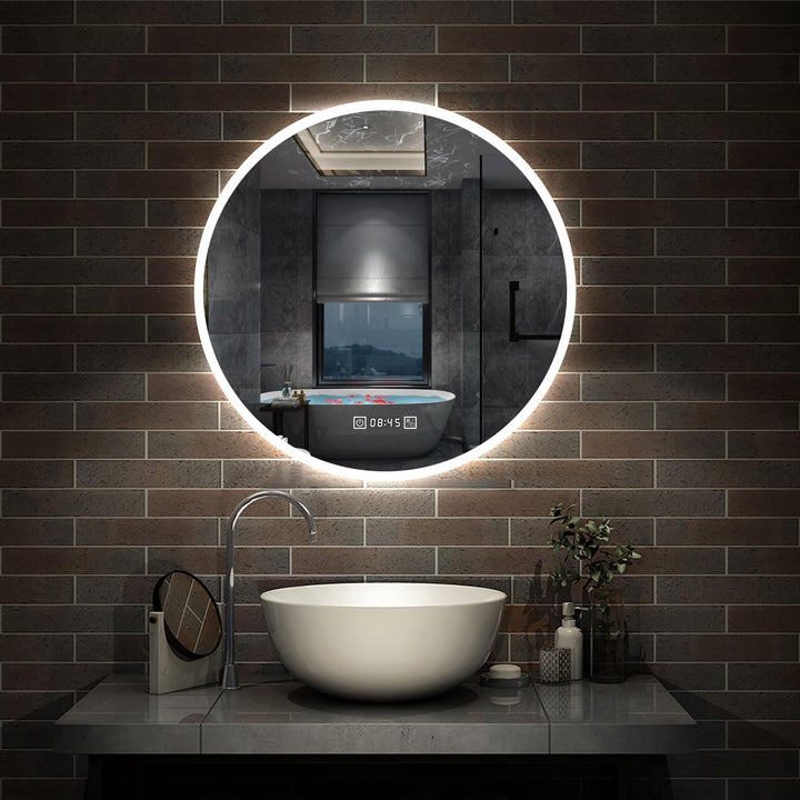 Aica Sanitär Badezimmerspiegel Rund 60cm mit Uhr 3 Lichfarbe dimmbar Memory Wand/Touchschalter Anti-