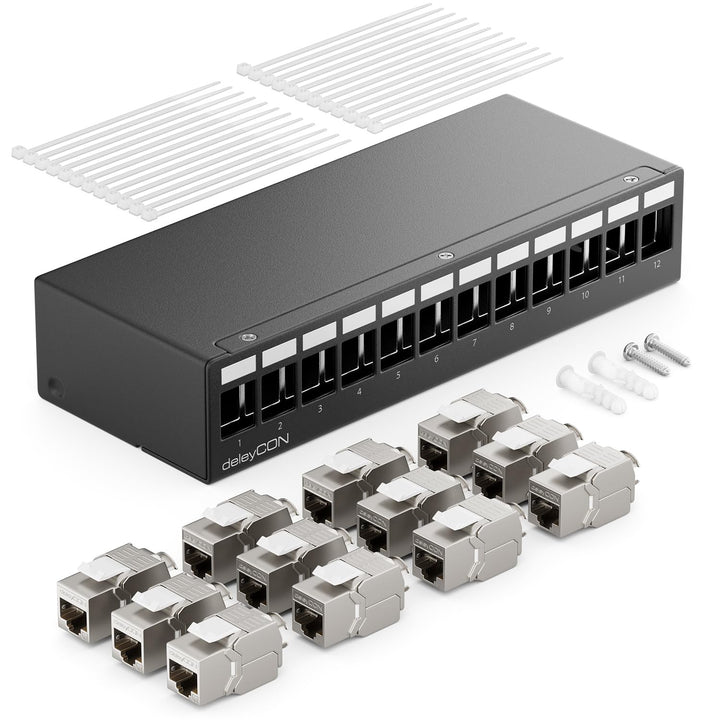 deleyCON 12 Port CAT7 Patchpanel Set mit 12x CAT.7 RJ45 Keystone Jack Modul STP 10 Gbit/s - Verteile