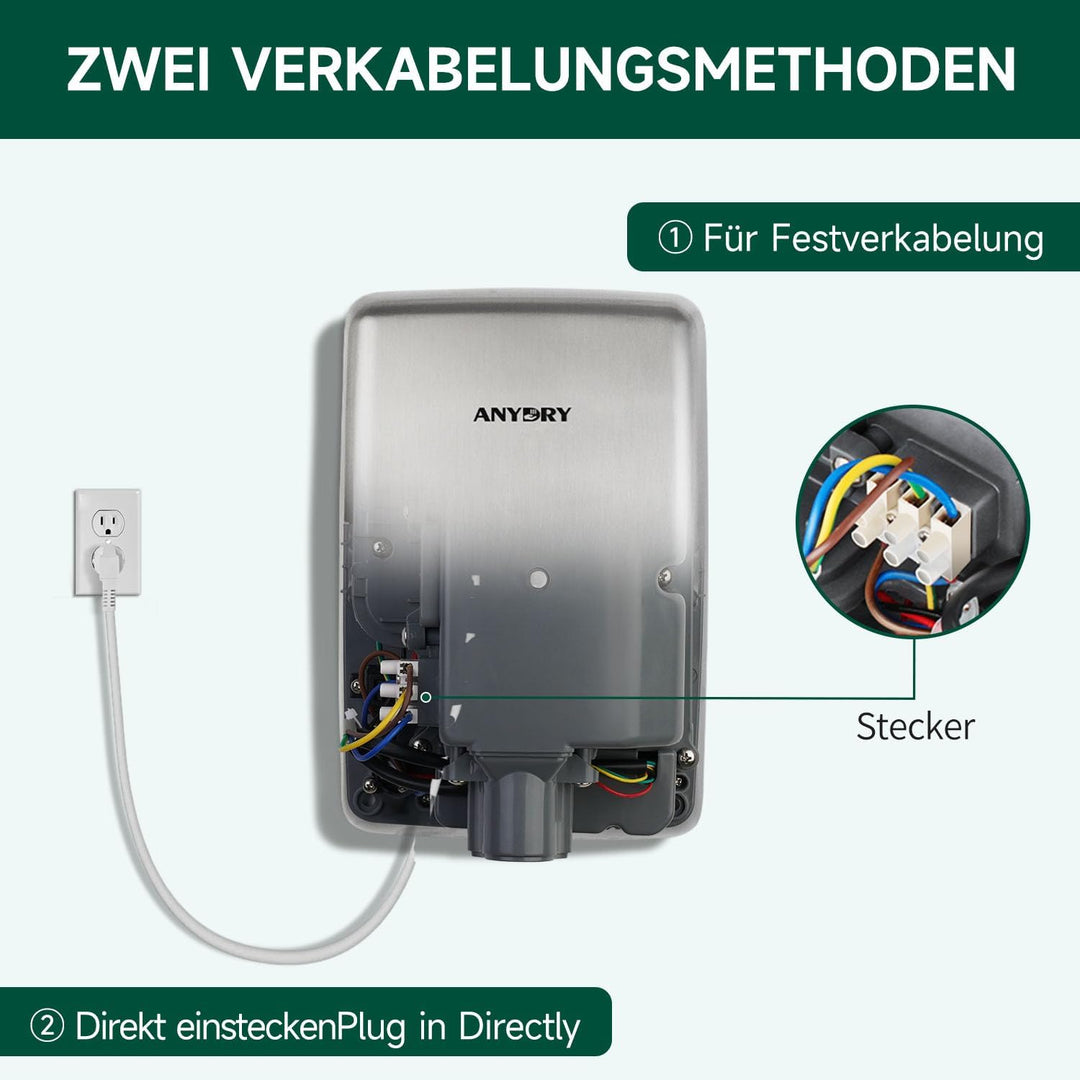 anydry 2803Y Mini-Händetrockner, Hochgeschwindigkeits-Luftstrom 1350W, Edelstahl-Gestrahlte Oberfläc