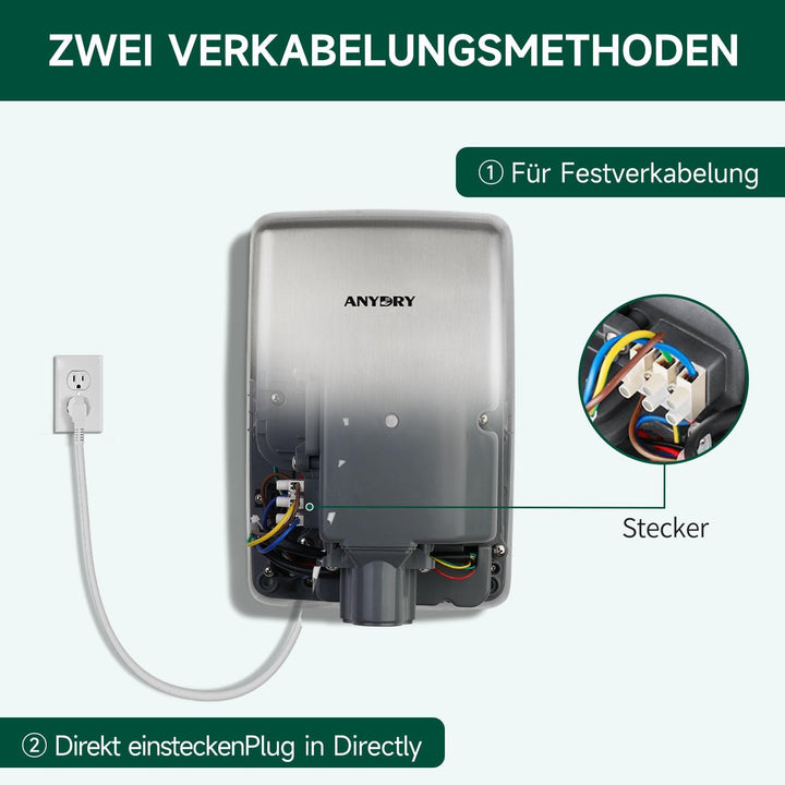 anydry 2803Y Mini-Händetrockner, Hochgeschwindigkeits-Luftstrom 1350W, Edelstahl-Gestrahlte Oberfläc