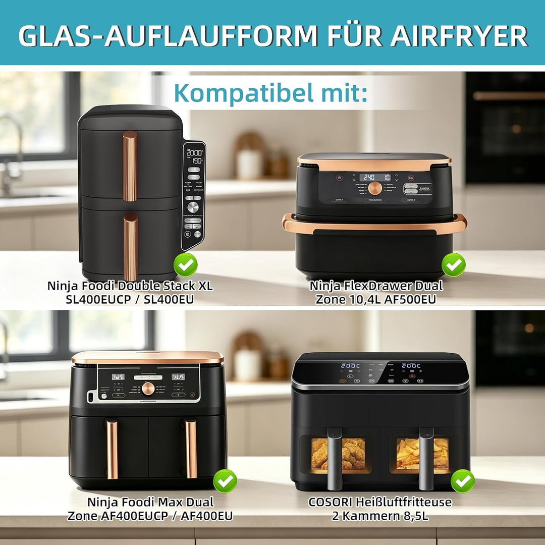 2 Stück Glas Auflaufform Airfryer mit Deckel &amp; Topflappen, Hitzebeständig, Kratzfest &amp; Spülmaschinen