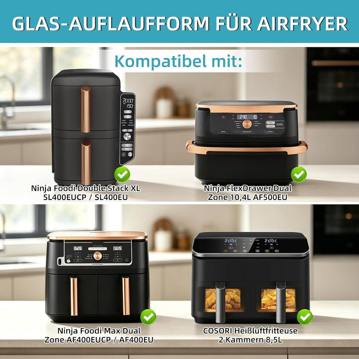 2 Stück Glas Auflaufform Airfryer mit Deckel &amp; Topflappen, Hitzebeständig, Kratzfest &amp; Spülmaschinen