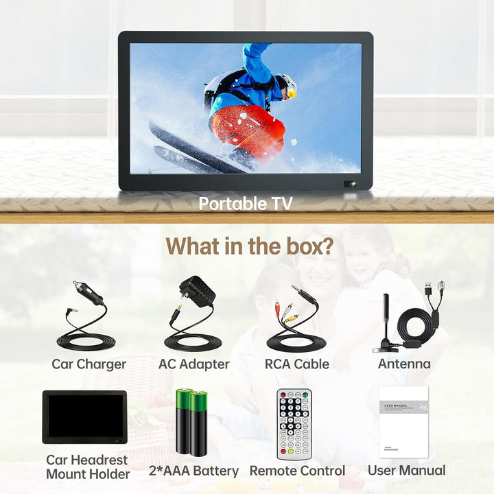 DESOBRY 14.1 Zoll Tragbarer Fernseher mit DVB-T2 HD Antenne & 3000mAh Akku, Full HD HDMI/USB/AV Ans