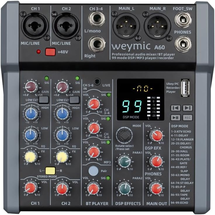 Weymic Professioneller Mixer der A-Serie für die Aufnahme von DJ-Bühne, Karaoke-Musik, mit USB-Laufw