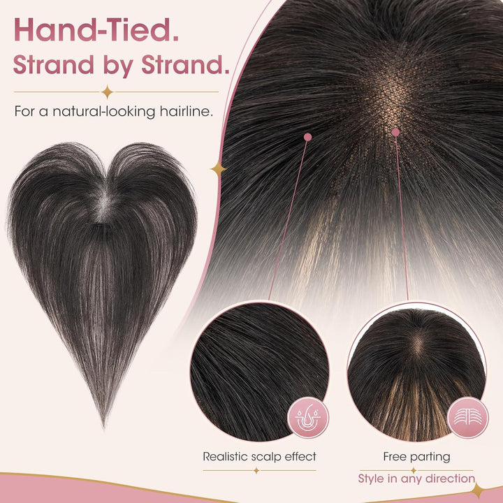 Silk-co Hair Topper Echthaar, 9x12cm handgebunden Basis Toupet Damen Naturschwarz mit Pony 27cm 