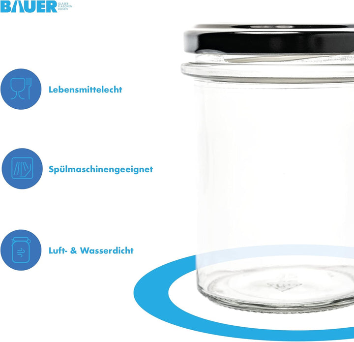 flaschenbauer.de BAUER 24er Set Sturzgläser 214 ml inkl. Schwarze Twist Off Deckel TO66 zum Einmache