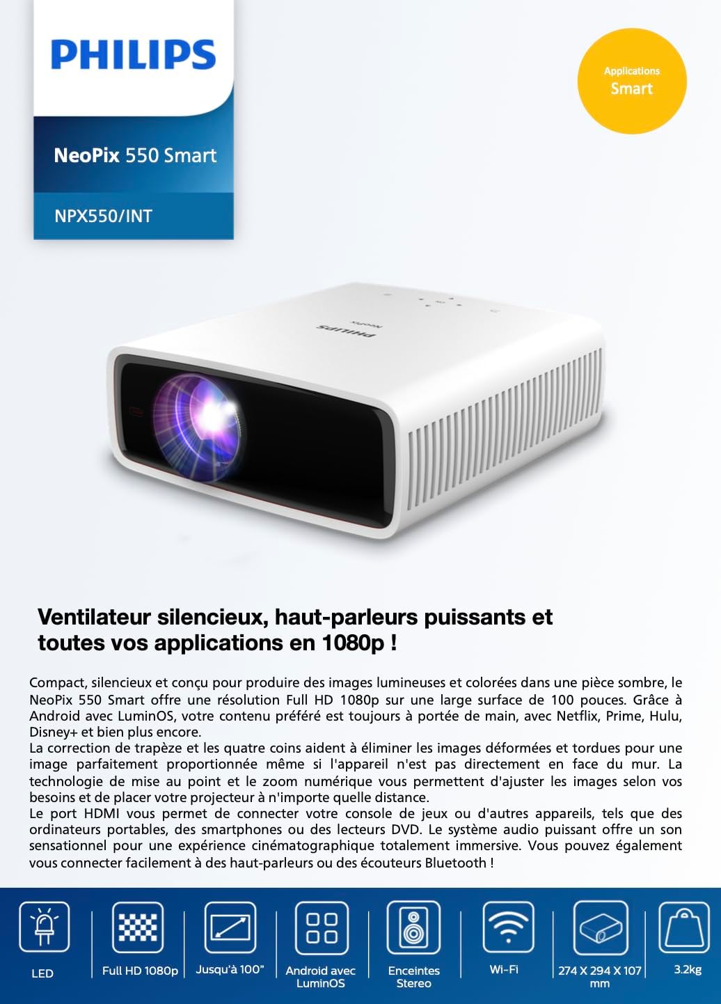 Videoprojektor - PHILIPS - NeoPix 550 Smart - Full HD 1080p - 500 Lumen - 100 Zoll