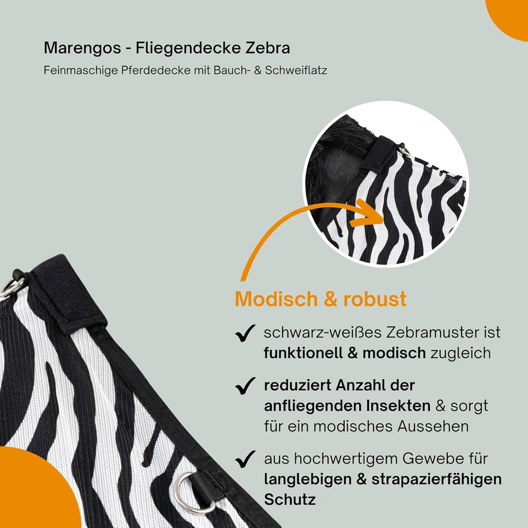 Marengos - Fliegendecke Zebra – feinmaschige Pferdedecke mit Bauch- & Schweiflatz – Schutz vor Insek