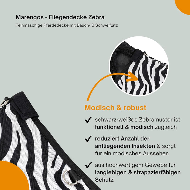 Marengos - Fliegendecke Zebra – feinmaschige Pferdedecke mit Bauch- & Schweiflatz – Schutz vor Insek
