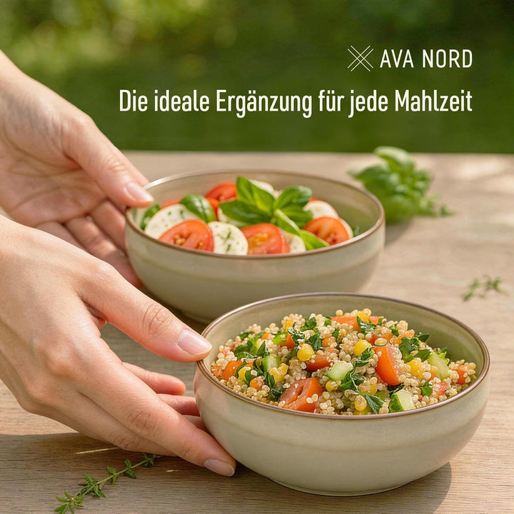 Ava Nord Steinzeug Keramik Müslischalen | 4er Set | 600ml | Salbeigrau | Bleifrei, Cadmiumfrei, Mikr