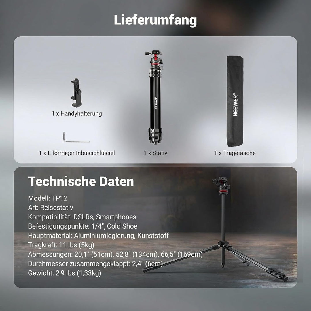 NEEWER Basics 169cm Reisestativ für Kamera, leichtes DSLR Stativ mit Kugelkopf, Arca Typ Schnellwech