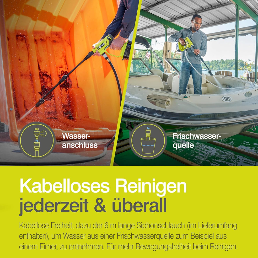 RYOBI 18 V ONE+ Akku-Mitteldruckreiniger RY18PW22A-125 (Reinigen von Fahrzeugen/Oberflächen, max. Dr